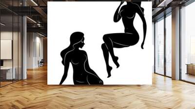 Collection. Silhouette of a sweet lady, she sits and stands. The girl has a beautiful nude figure. A woman is a young sexy and slender model. Set of vector illustrations Wall mural