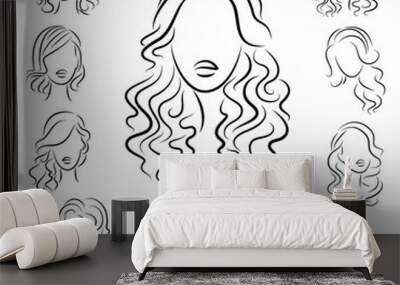 Collection. Silhouette profile of a cute lady s head. The girl shows her hairstyle for medium and long hair. Suitable for logo, advertising. Vector illustration set Wall mural