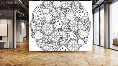 coloring book for adult, for meditation and relax. Round shape of watermelon, strawberries, citrus, cherries and strawberries. Black and white image on a white background of isolated elements Wall mural