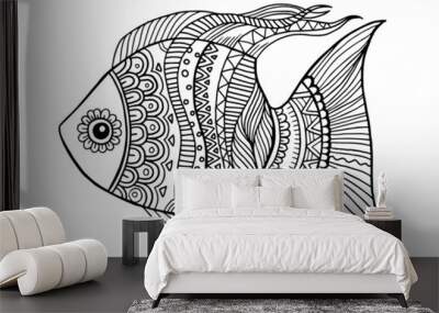 Coloring book page for adult. Fish with Detailed Pattern isolated on white background, mandalas design, line art design Wall mural