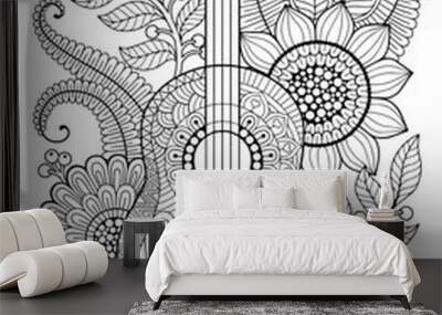 Coloring page for adult. Antis-tress and relax meditation. Guitar with black and white ornaments and stylized flowers Wall mural