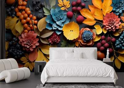 Computer graphics of abstract floral psychedelic background stylization of colored chaotic stickers in the form of leaves Wall mural