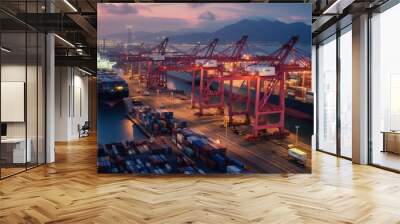 container,container ship in import export and business logistic.By crane ,Trade Port , Shipping.cargo to harbor.Aerial view.Water transport.International.Shell Marine. Generative AI Wall mural