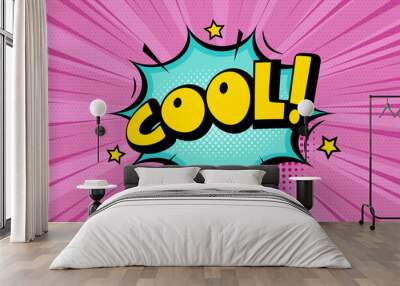 Cool comic speech bubble with cloud, stars, rays and halftone effect pink background. Pop art vector cartoon illustration in retro style. Design for comic book, poster, banner Wall mural