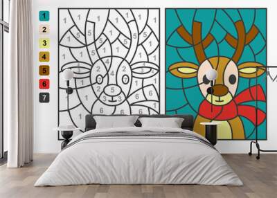 Derr. Color by numbers. Puzzle game for children education, colors for drawing and learning mathematics Wall mural