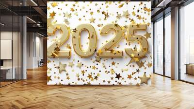 Festive background Happy New Year 2025. Gold numbers 2025, on a white background with shiny gold stars. Wall mural