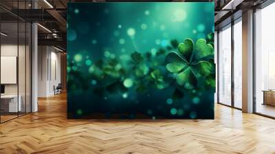 Green Happy Saint Patrick's Day background. Abstract bright and blurry clovers backdrop template. Happy Patrick's Day banner with flying lucky shamrock leaves and copy space. Stock illustration Wall mural