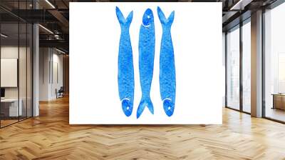 Hand Drawn blue watercolor illustration a group of anchovy fish on white background.Design for print, wallpaper, card, menu, market Wall mural