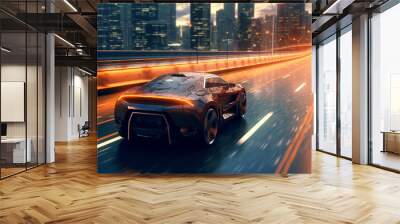 High speed luxury sport driving in the city - futuristic car concept (with grunge overlay) generic and brand less Generative AI Wall mural