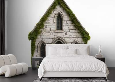 Historic stone church with moss-covered walls and gothic arched windows isolated on white background  Wall mural