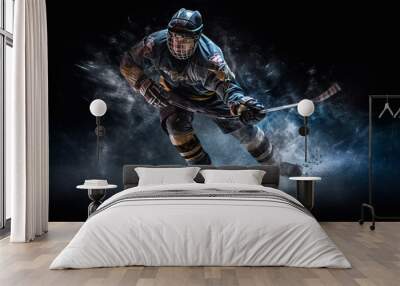 Ice Hockey player athlete in the helmet and gloves on stadium with stick. Action shot. Sport concept. Sports betting. Bets in the mobile application. Generative AI Wall mural