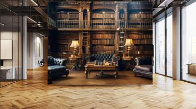 Interior of an antique library with tall wooden shelves filled with vintage books and leather armchairs. Old Money Aesthetic Concept. Banner Wall mural