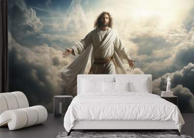 Jesus praying with his hands up against cloudy sky Generative AI Wall mural