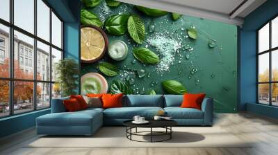 Lemon slice, mint leaves and sea salt on a green background. Antioxidants or Aromatherapy Wall mural