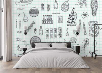 Illustration with hand drawn biology images and other elemets. Science collection. Vector. Wall mural