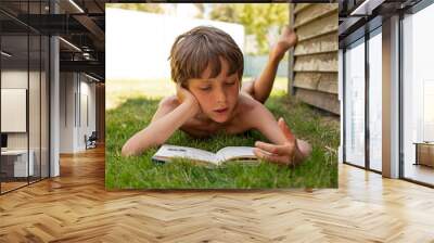 boy enthusiastically reading a book lying on the grass in his garden, vacation, back to school, horizontal format Wall mural