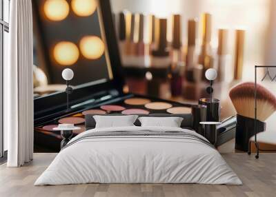 Makeup palette with a variety of colorful eyeshadows and a makeup brush, surrounded by beauty products on a dressing table, illuminated by soft, warm lighting Wall mural