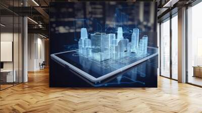 Making using digital tablet and modern buildings hologram. Real estate business and building technology concept. Generated AI Wall mural