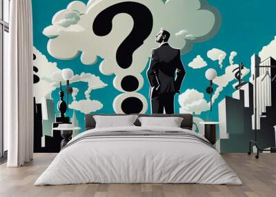 Man is thinking. Question mark. illustration in cartoon style Generative AI Wall mural