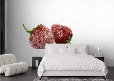  two red strawberry berries in sugar with green leaves on a white background, isolate Wall mural