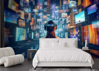 metaverse and blockchain technology concept with teenage girl. virtual world experience. future conc Wall mural