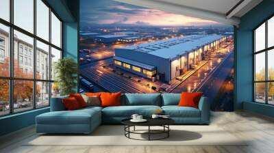 Night aerial view of a warehouse of goods for online stores. Logistic center in the industrial area of the city from above. Wall mural