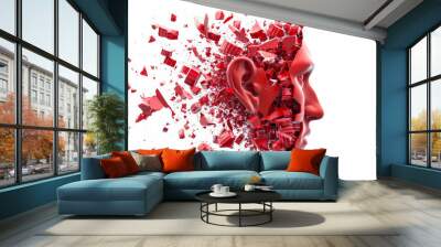 Noise pollution concept with a shattered eardrum illustration, vibrant red against white background  Wall mural