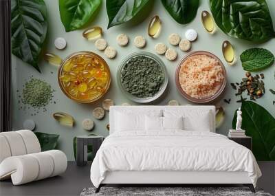 Nutritional supplements and vitamins on the table, top view Wall mural