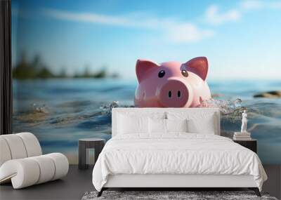 Piggy bank under deep blue water. Wall mural