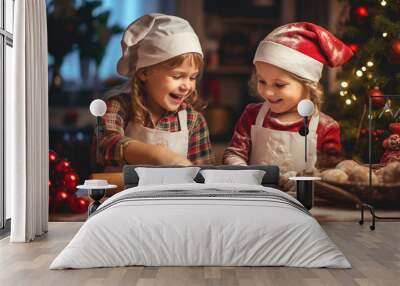 Portrait of children in kitchen making Christmas cookies. Tradition baking with kids at home. Banner Wall mural