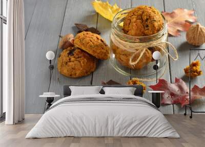 Pumpkin cookies with chocolate chips, copy space Wall mural