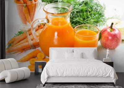 Carrot-apple juice and fresh carrots and apples Wall mural