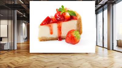 Piece of cheesecake with fresh strawberries and mint isolated on white Wall mural