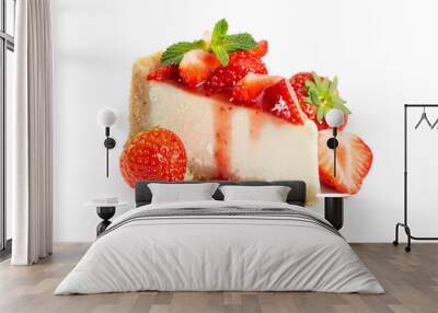 Piece of cheesecake with fresh strawberries and mint Wall mural