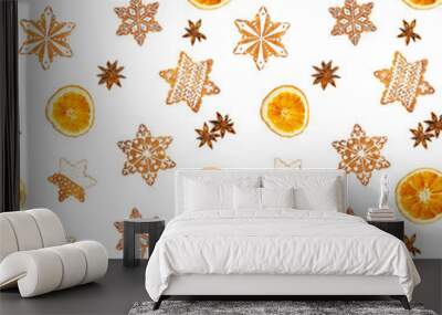 Seamless pattern with Christmas gingerbread cookies in the shape of snowflakes and dried oranges Wall mural