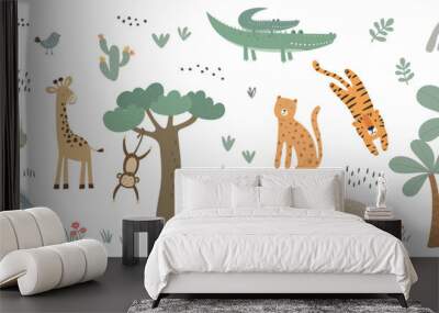 Set of cute african animals. Vector illustration in flat style. Wall mural