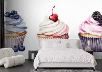 Set of watercolor cupcakes with berries isolated on white background. Wall mural