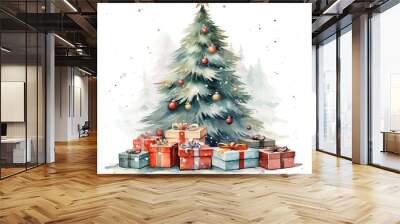 Watercolor Christmas tree with with gift boxes in retro style, isolated on white background. Wall mural