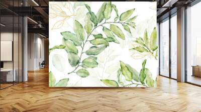 Watercolor seamless floral pattern with green and gold leaves on white background. Wall mural