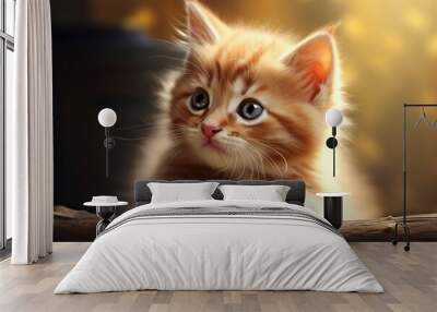 red cute little kitten on wooden outside Wall mural