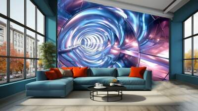 Round bright neon blue lilac tunnel. Wall mural