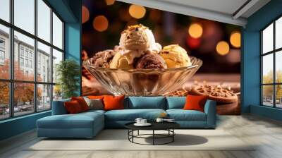 scoops of chocolate ice cream in a glass plate on the table
 Wall mural