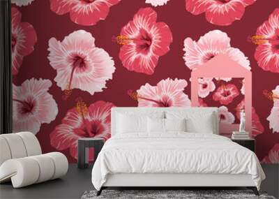 Seamless floral pattern of hibiscus. Close Up hand drawn floral pattern on a dark crimson background Wall mural