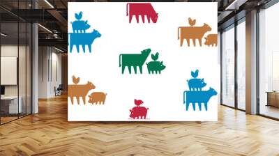 Seamless pattern with Farm animals logo cow, pig and chicken. isolated on white background Wall mural