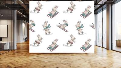 Seamless winter pattern with cute bunnies. Vector color illustration on the white background. Wall mural