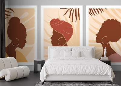 Set of abstract women portraits with leaves. Abstract female  silhouette in minimalistic boho style. Vector flat illustration. Design for social media, card, print,  background Wall mural