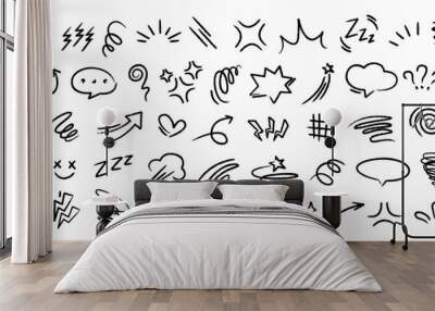 Set of black hand drawn anime manga doodle grunge line elements curved charcoal, chalk arrows, speech bubble, abstract shapes, graphic effects for character emotion. Scribble stroke symbols vector  Wall mural