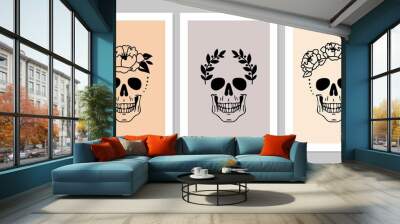 Set of human skulls with flower, laurel wreath. Beautiful collection of human skull portrait.Vector flat mystic vintage illustration. Design for poster, card, flyer, tarot Wall mural