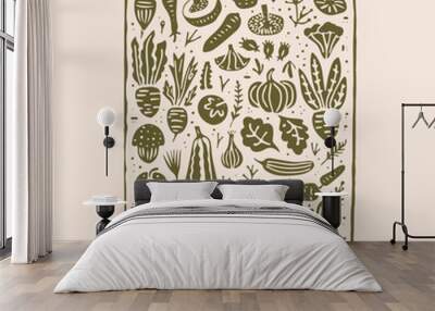 Hand drawn linocut style vegetables poster. Grunge illustration of different vegetables. Vector background Wall mural