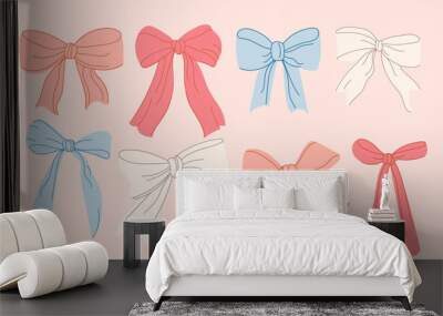 Set of colorful cute bows in a flat style. Trendy accessories for girls. Hand drawn vector illustration. Wall mural